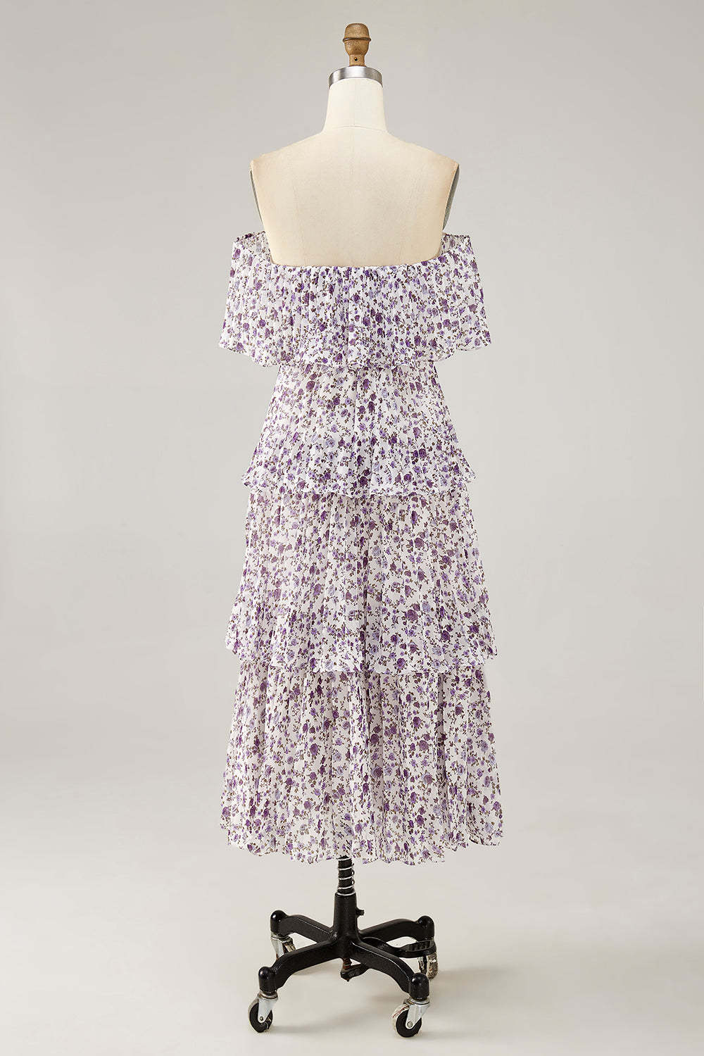 Purple Floral Chiffon Tiered Midi Wedding Guest Dress with Ruffles