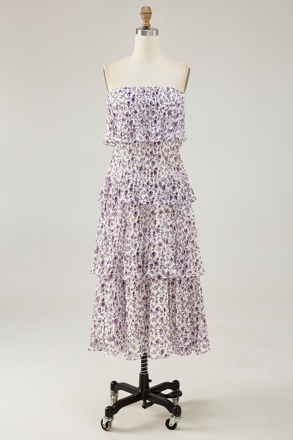 Purple Floral Chiffon Tiered Midi Wedding Guest Dress with Ruffles