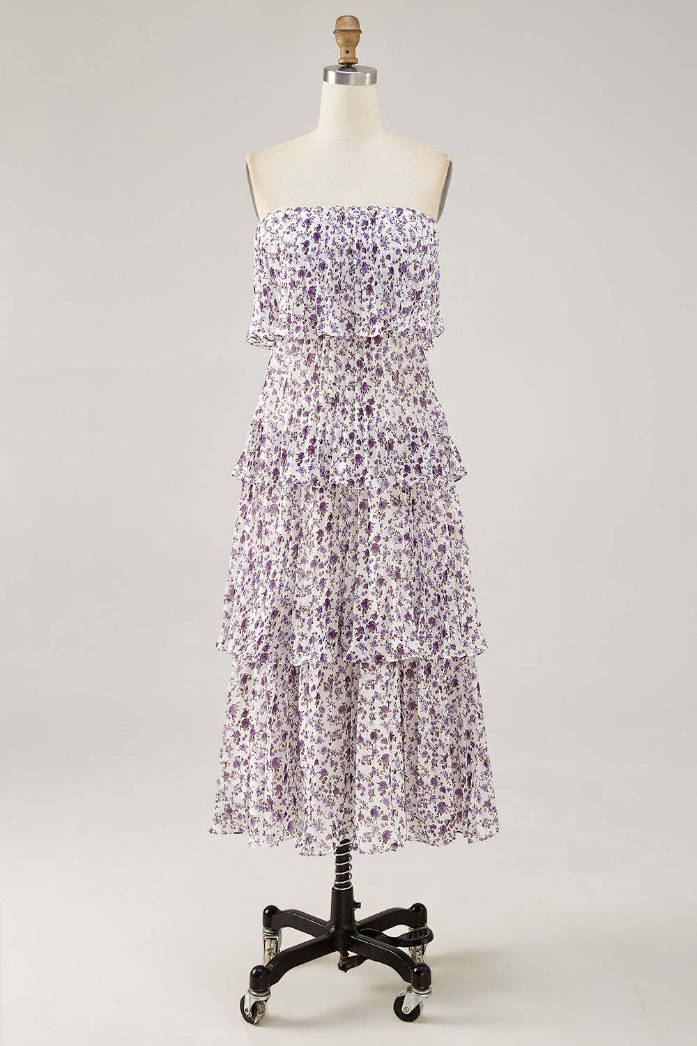 Purple Floral Chiffon Tiered Midi Wedding Guest Dress with Ruffles