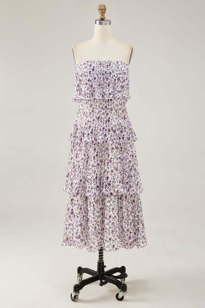 Purple Floral Chiffon Tiered Midi Wedding Guest Dress with Ruffles