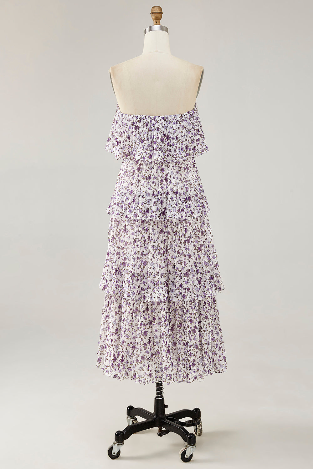 Purple Floral Chiffon Tiered Midi Wedding Guest Dress with Ruffles