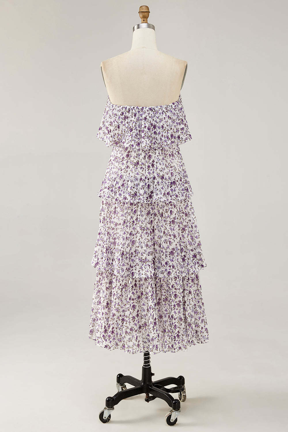 Purple Floral Chiffon Tiered Midi Wedding Guest Dress with Ruffles