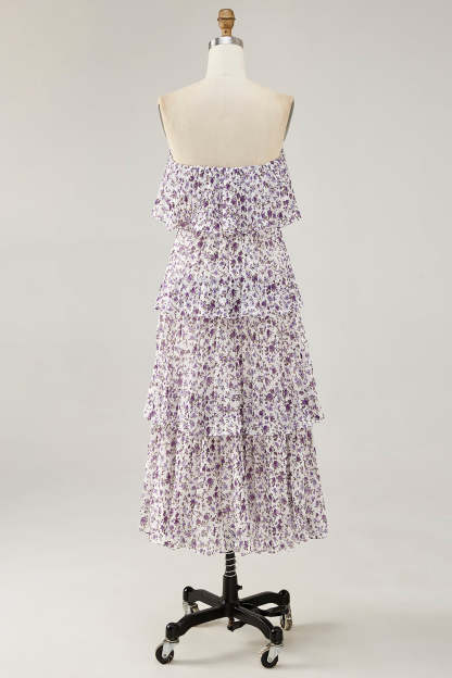 Purple Floral Chiffon Tiered Midi Wedding Guest Dress with Ruffles