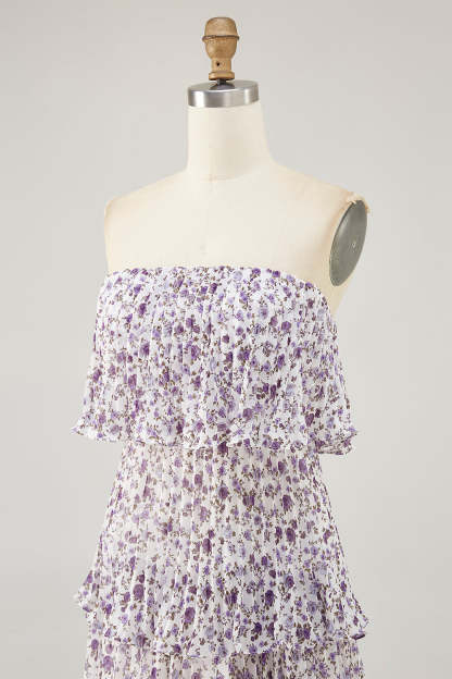 Purple Floral Chiffon Tiered Midi Wedding Guest Dress with Ruffles