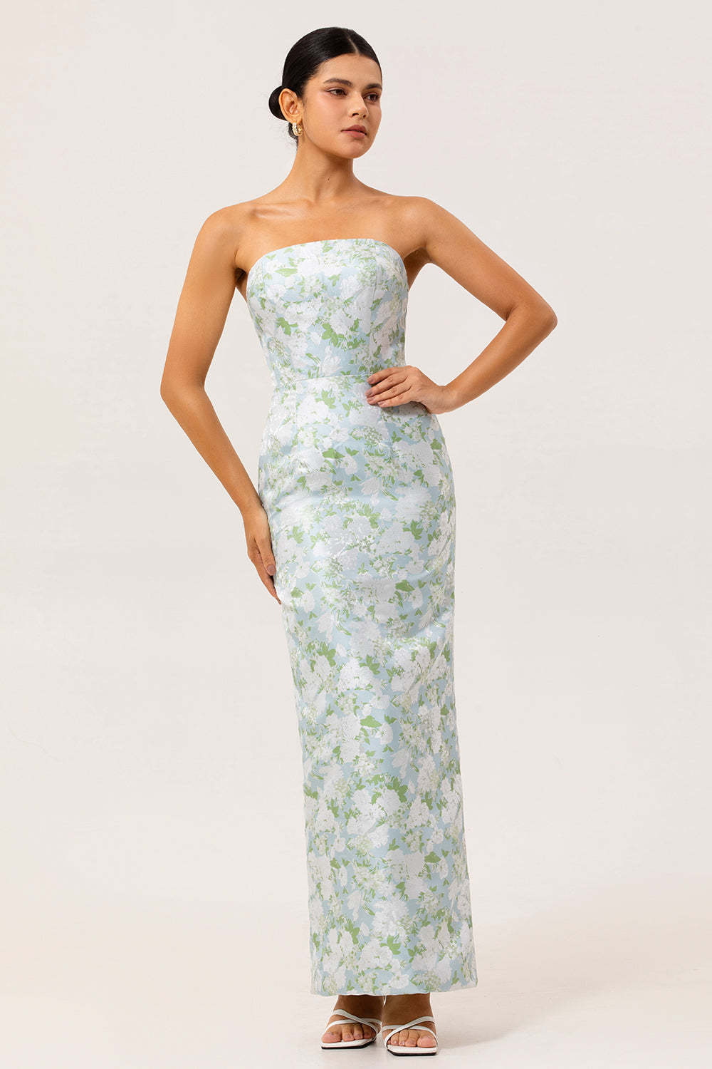 Leely Women White and Blue Floral Long Strapless Wedding Guest Dress Satin Sheath Bridesmaid Dress with Slit