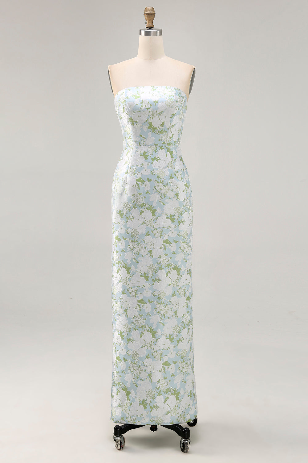 White Blue Floral Printed Strapless Sheath Satin Maxi Wedding Guest Dress