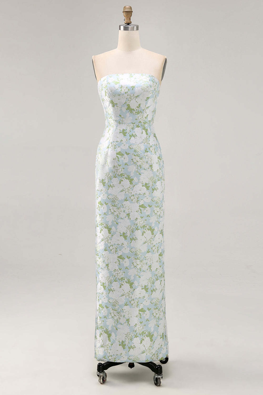 White and Blue Floral Strapless Sheath Satin Long Wedding Guest Dress
