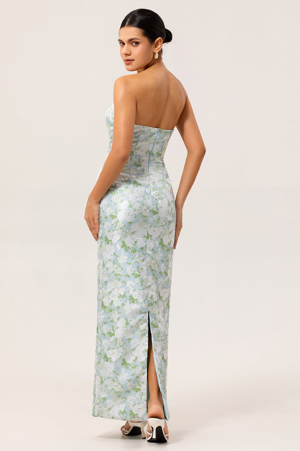 White and Blue Floral Strapless Sheath Satin Long Wedding Guest Dress