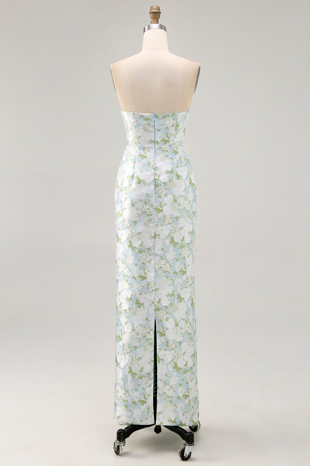 White Blue Floral Printed Strapless Sheath Satin Maxi Wedding Guest Dress