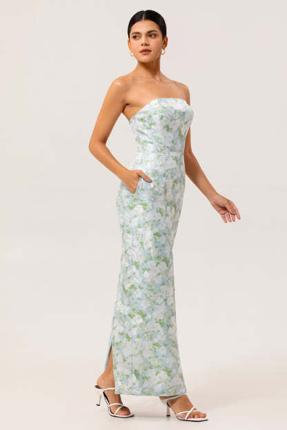 White and Blue Floral Strapless Sheath Satin Long Wedding Guest Dress