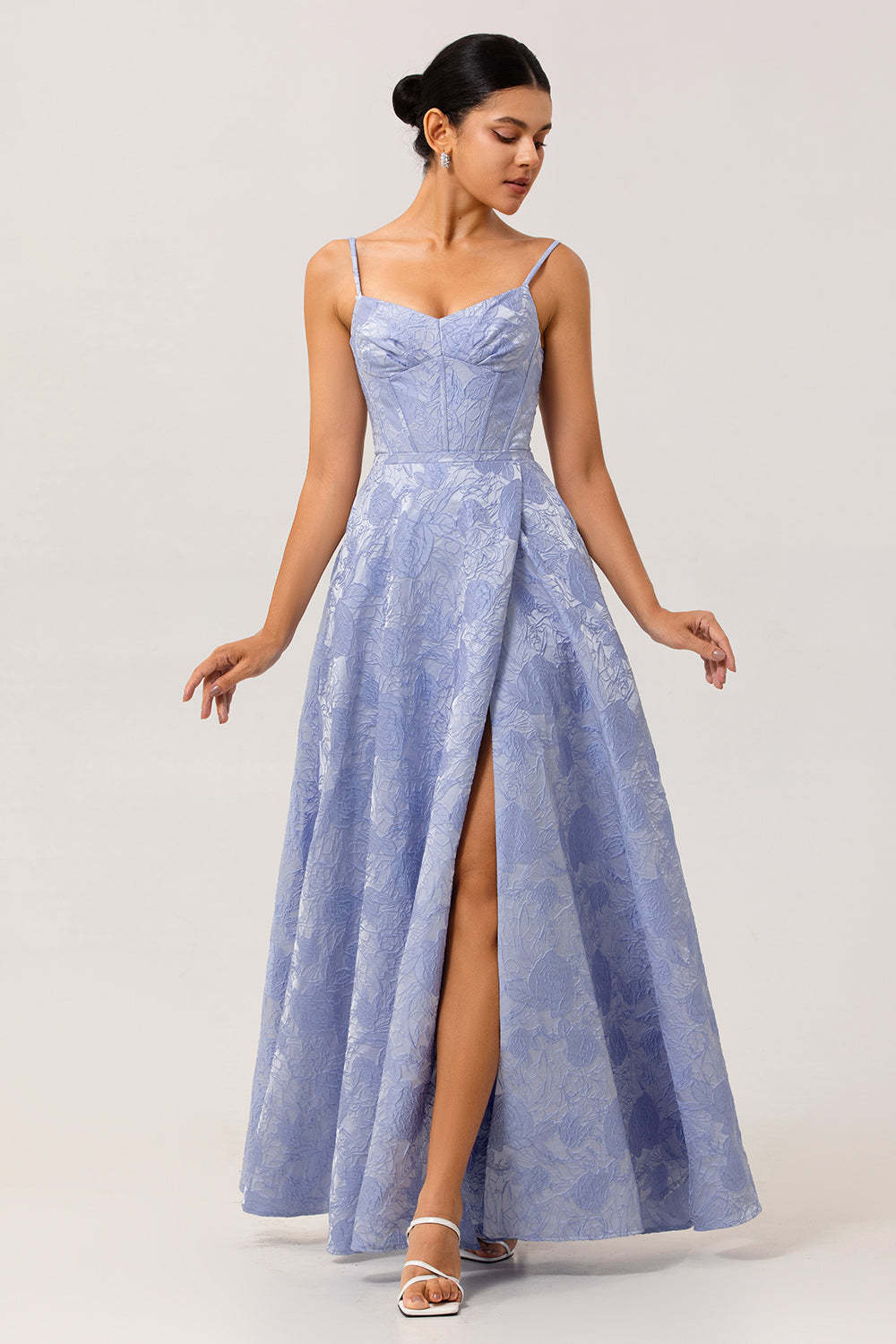 Leely Women Blue Corset Floral Maxi Jacquard Wedding Guest Dress with Slit Ruched A Line Spaghetti Straps Bridesmaid Dress