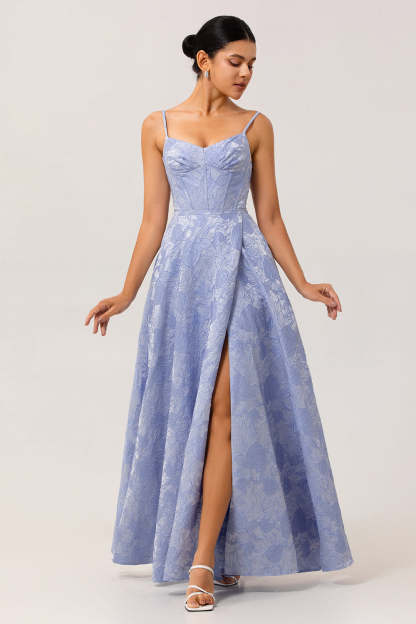 Leely Women Blue Corset Floral Maxi Jacquard Wedding Guest Dress with Slit Ruched A Line Spaghetti Straps Bridesmaid Dress