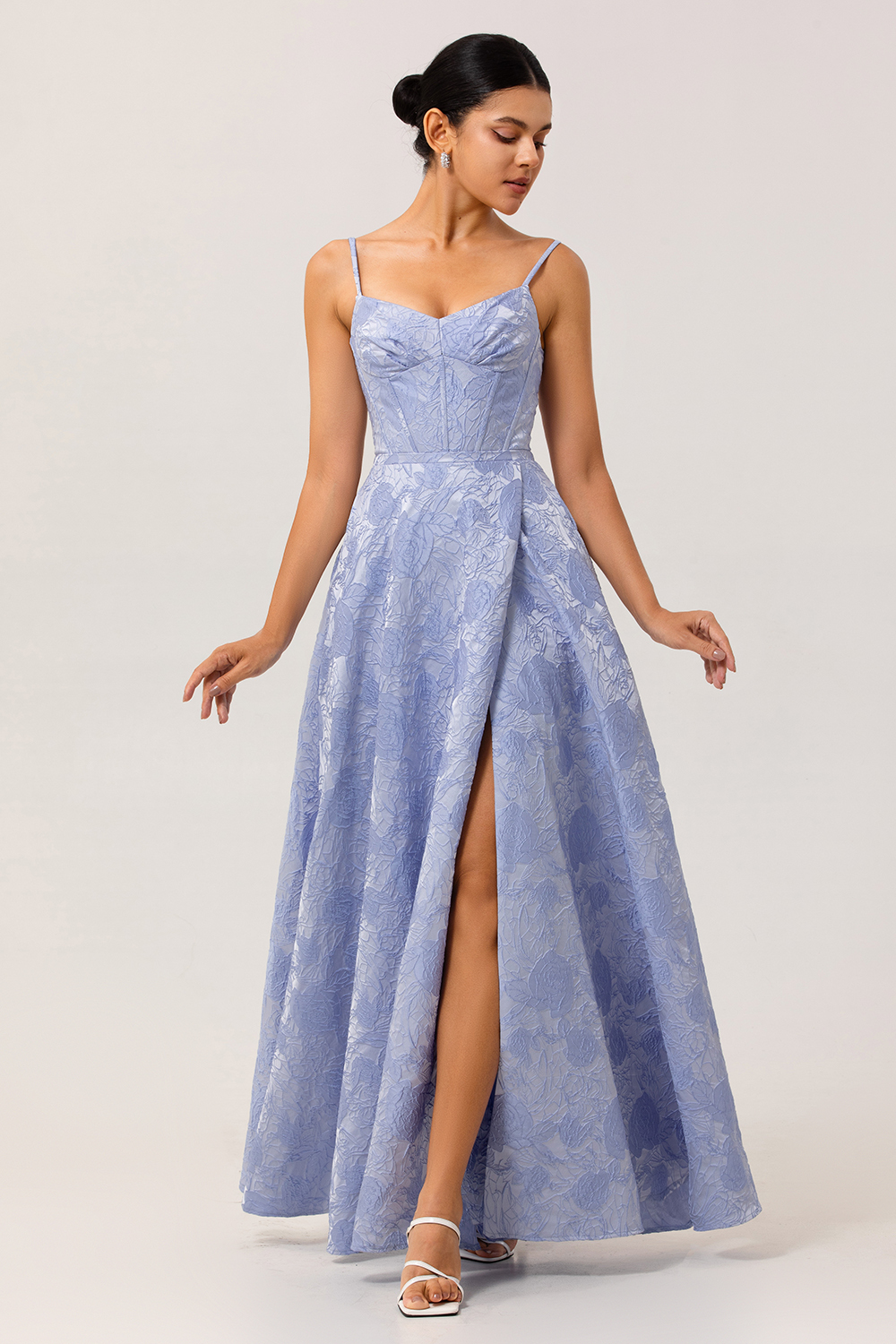 Blue Floral Jacquard Corset Maxi A Line Wedding Guest Dress with Slit
