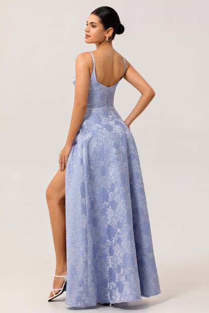 Blue Corset Floral A Line Jacquard Maxi Wedding Guest Dress with Slit