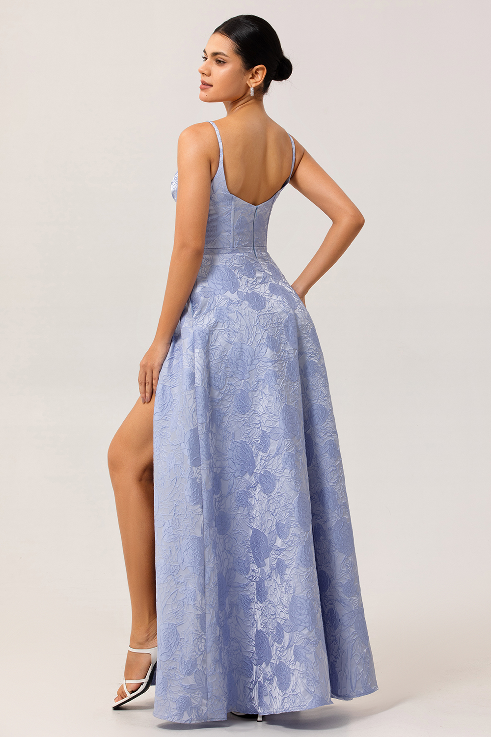 Blue Floral Jacquard Corset Maxi A Line Wedding Guest Dress with Slit