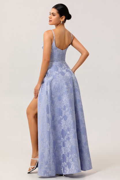 Blue Floral Jacquard Corset Maxi A Line Wedding Guest Dress with Slit