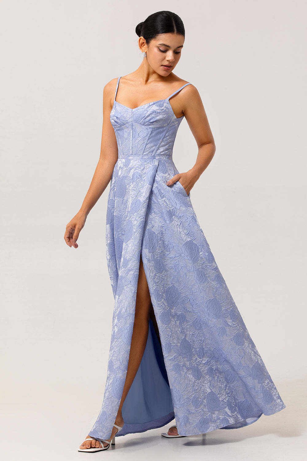 Blue Corset Floral A Line Jacquard Maxi Wedding Guest Dress with Slit