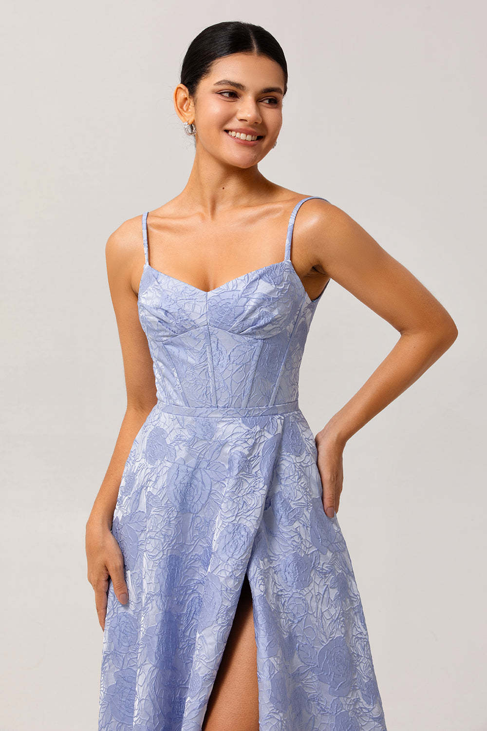 Blue Corset Floral A Line Jacquard Maxi Wedding Guest Dress with Slit