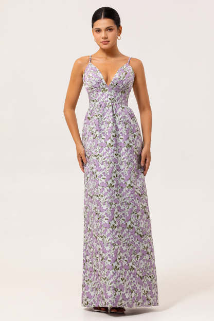 Leely Women Purple Floral Long Ruched Wedding Guest Dress Backless A Line Spaghetti Straps Summer Bridesmaid Dress