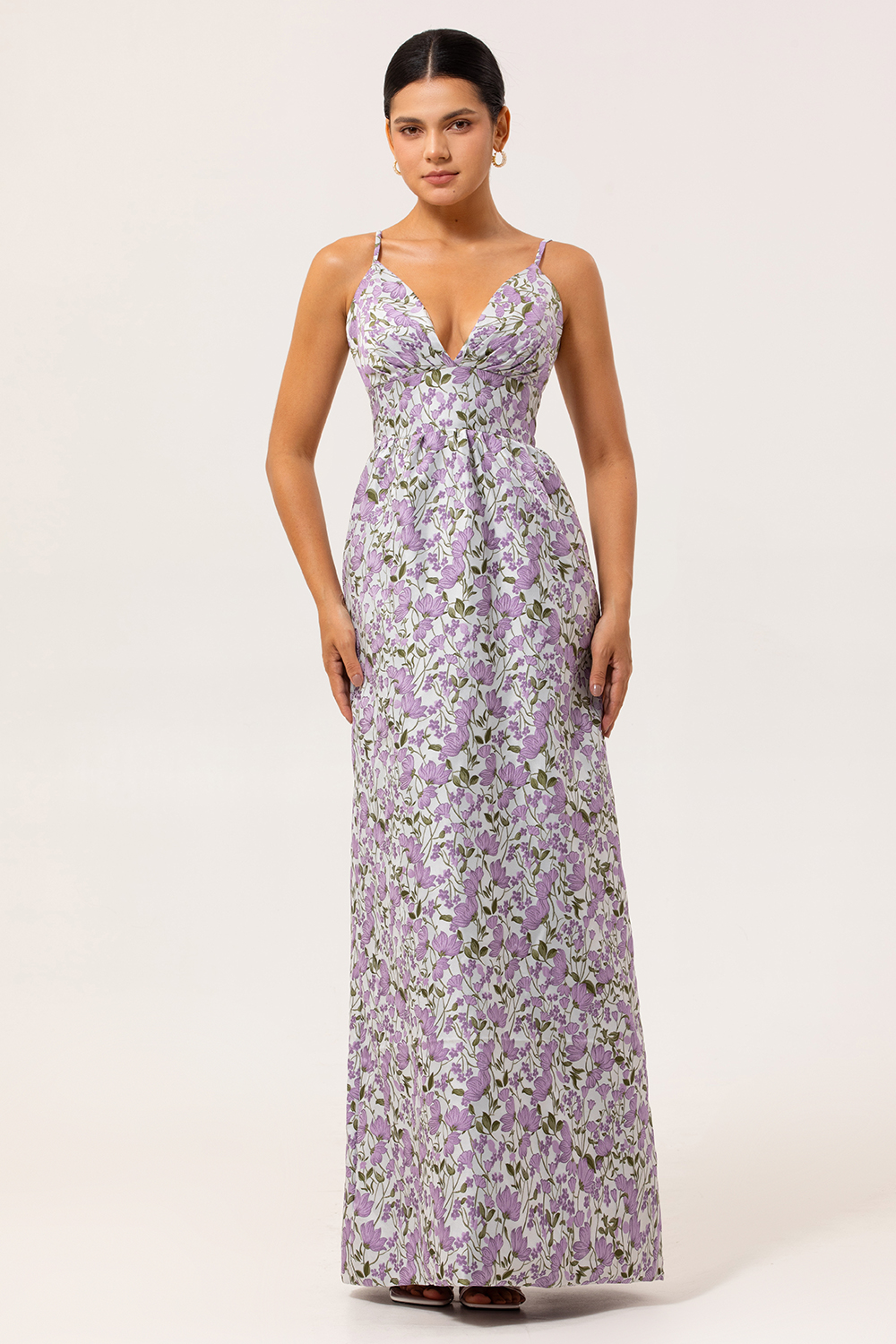 Purple Floral Ruched Spaghetti Straps A Line Maxi Wedding Guest Dress