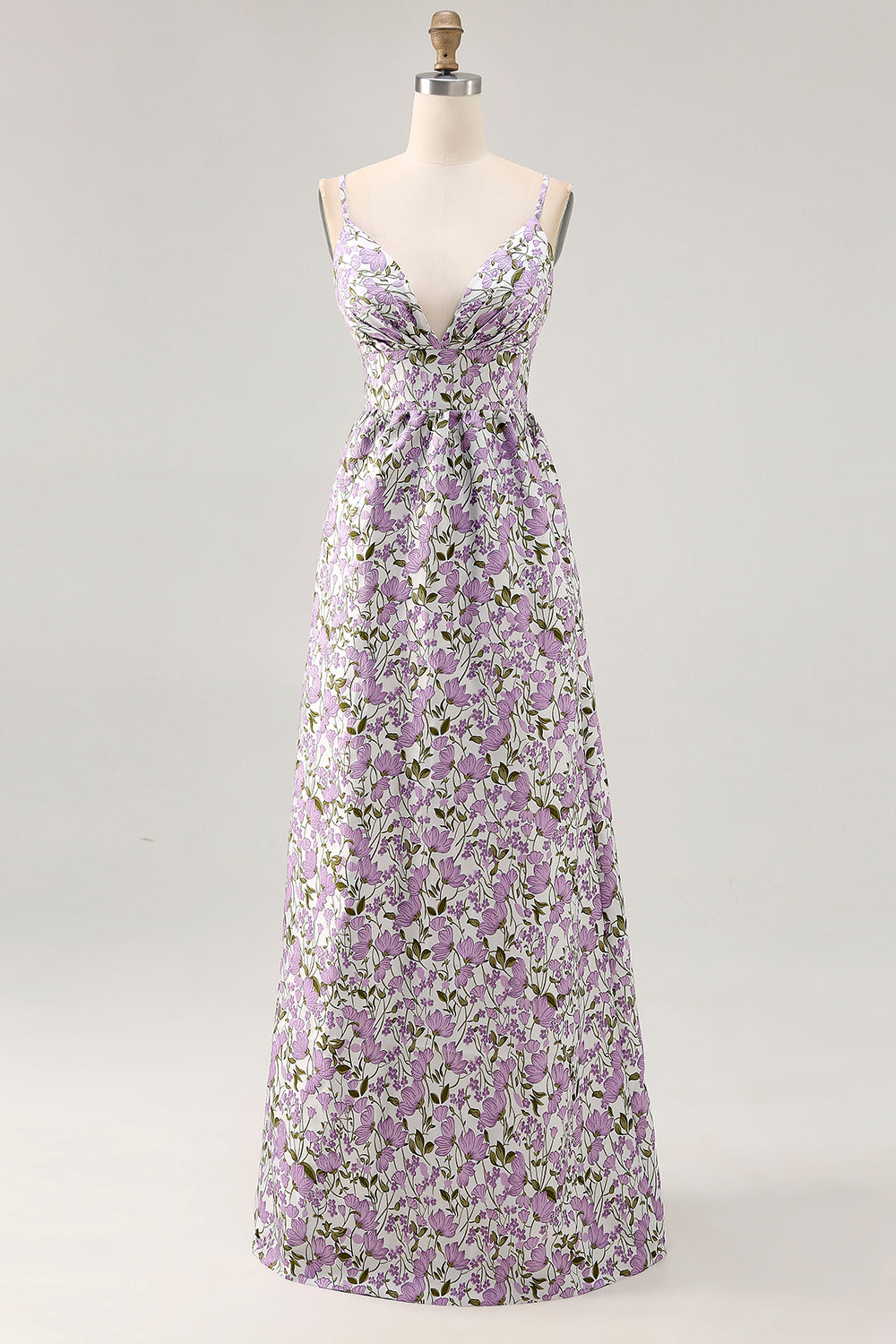 Purple Floral Ruched Spaghetti Straps A Line Maxi Wedding Guest Dress