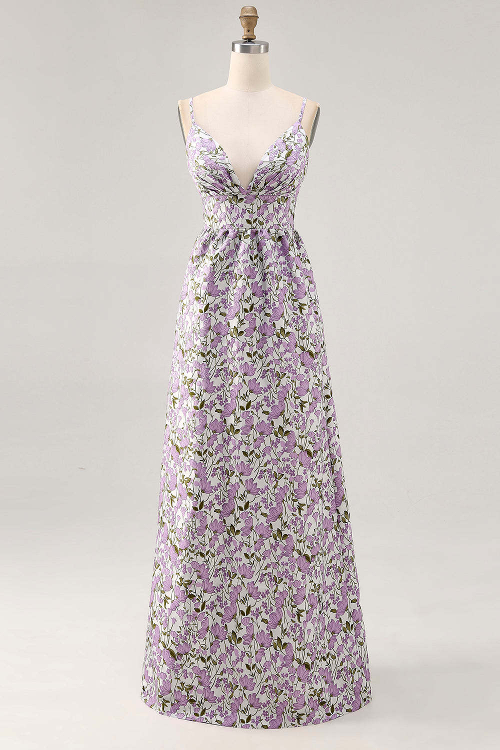 Purple Ruched Floral Spaghetti Straps Long Wedding Guest Dress