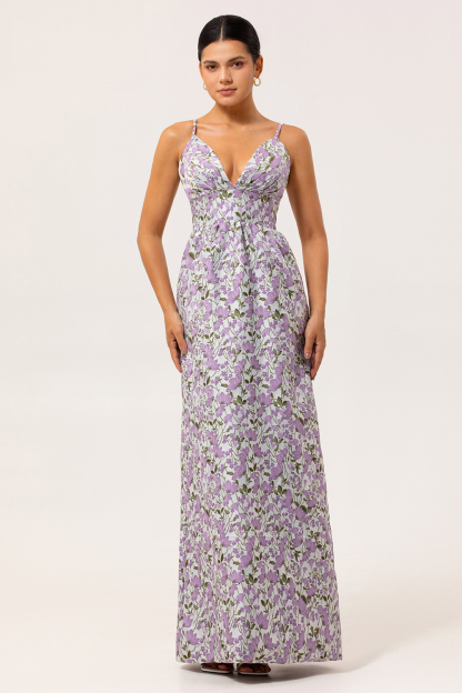 Purple Floral Ruched Spaghetti Straps A Line Maxi Wedding Guest Dress