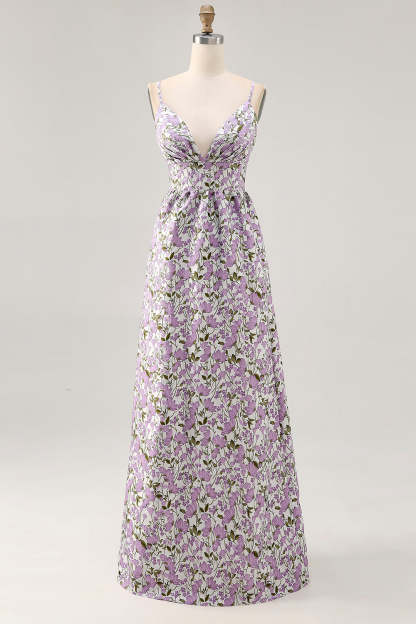 Purple Ruched Floral Spaghetti Straps Long Wedding Guest Dress