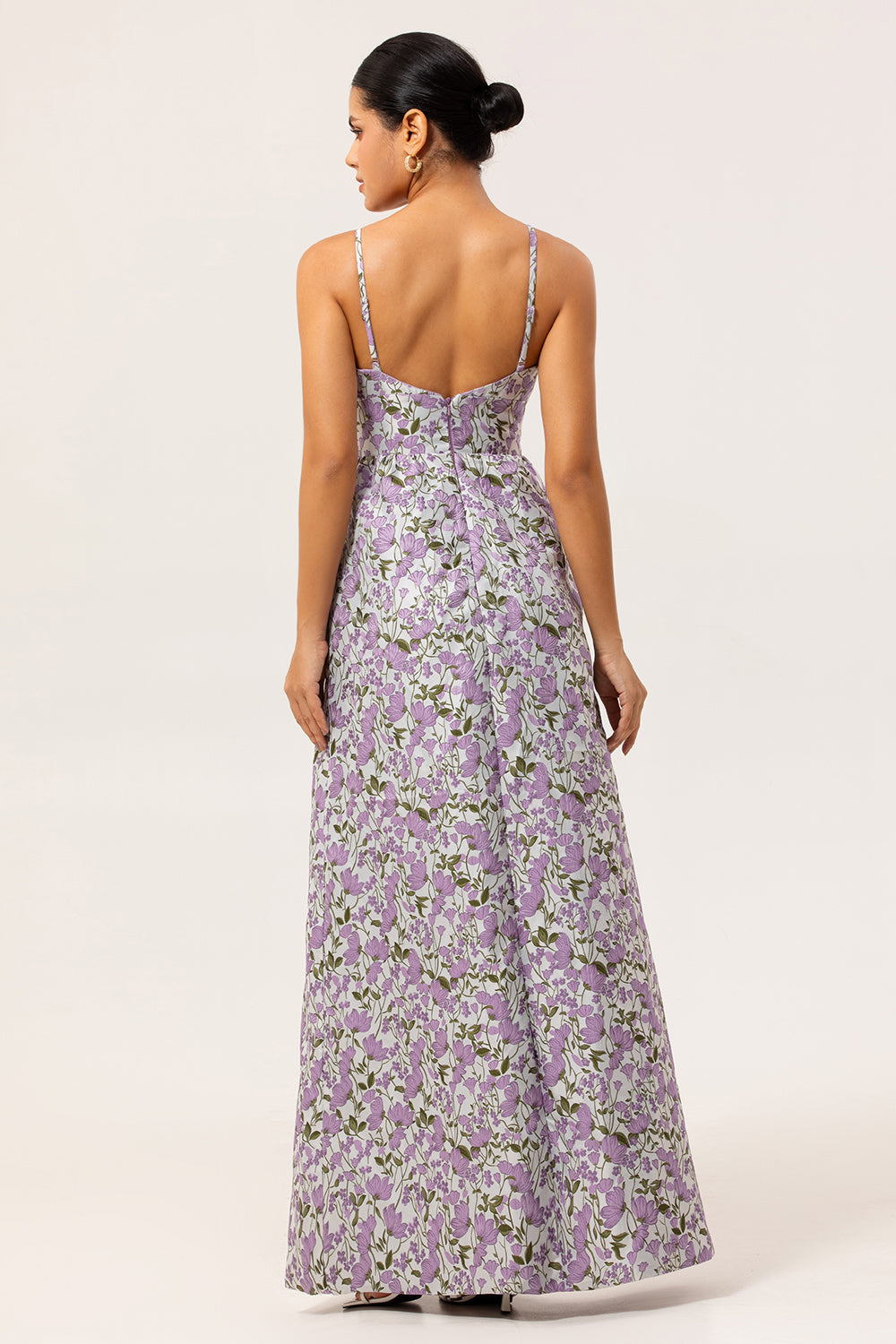 Purple Ruched Floral Spaghetti Straps Long Wedding Guest Dress