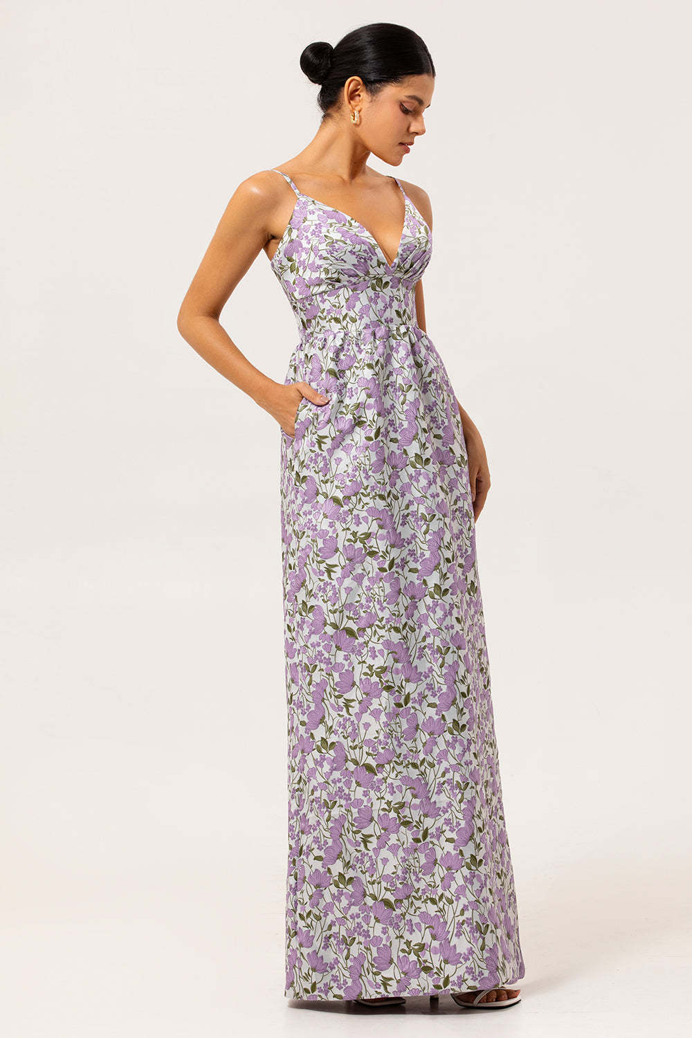 Purple Ruched Floral Spaghetti Straps Long Wedding Guest Dress