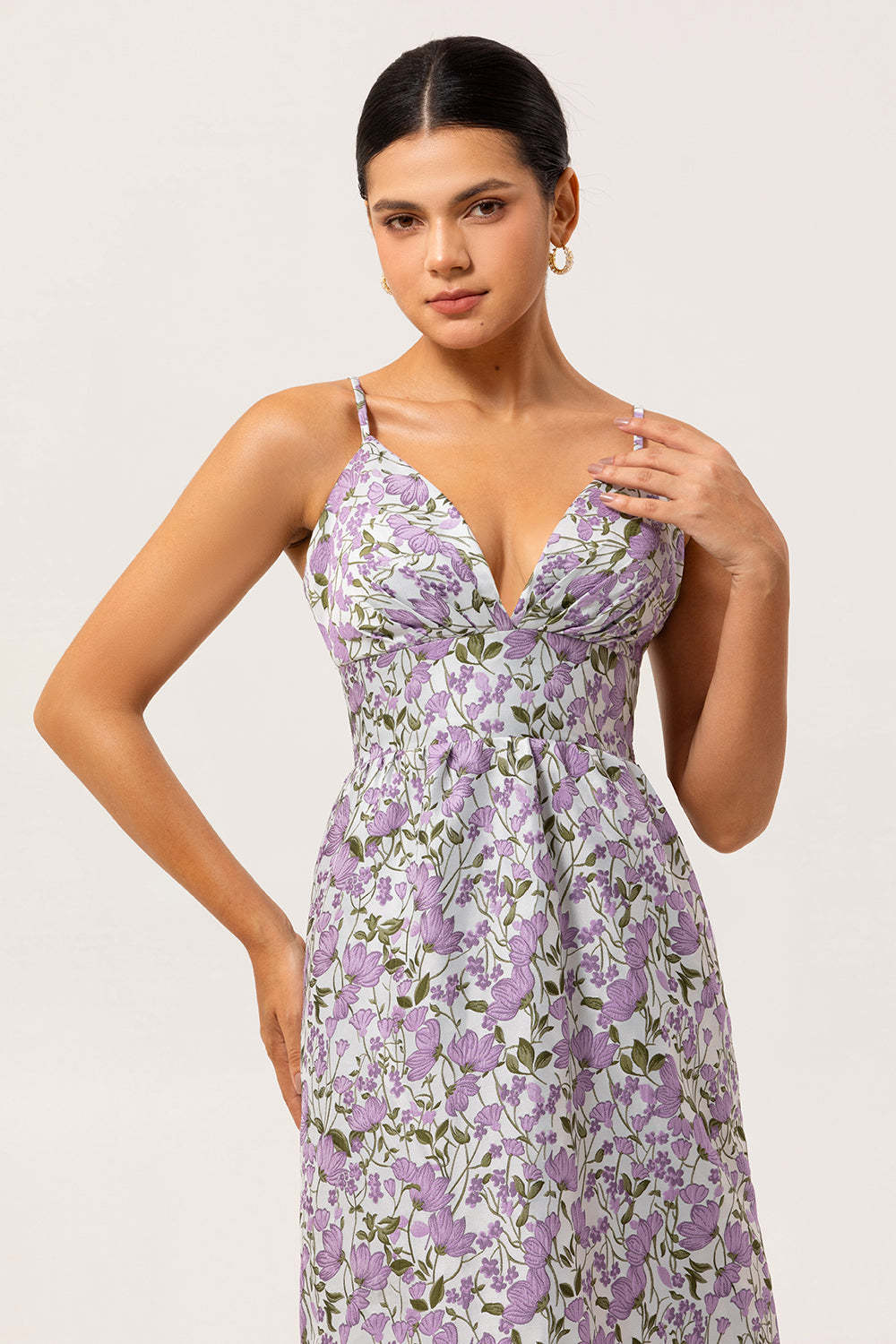 Purple Ruched Floral Spaghetti Straps Long Wedding Guest Dress