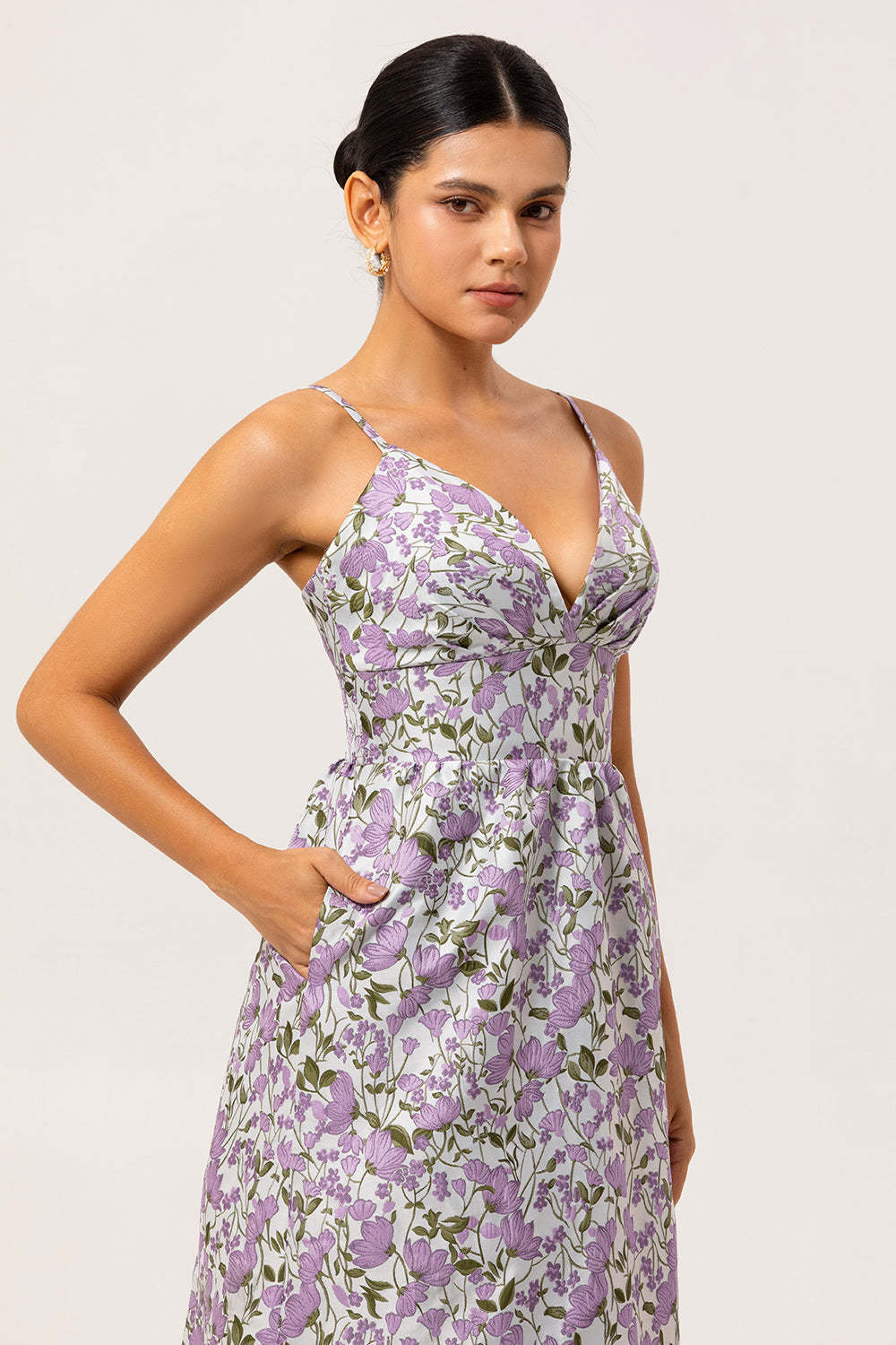 Purple Ruched Floral Spaghetti Straps Long Wedding Guest Dress