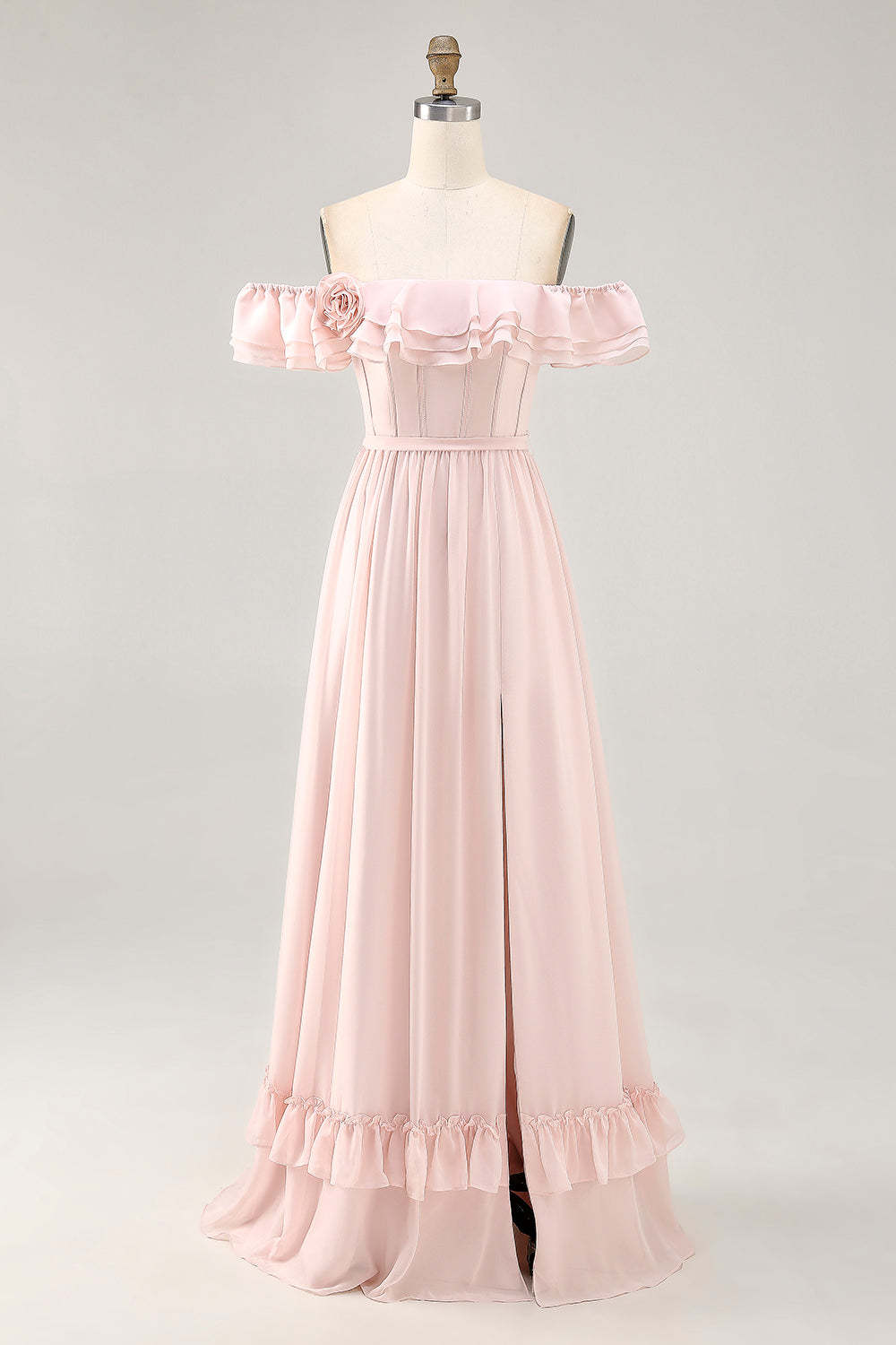 Leely Women Blush Corset Floral Ruffled Maxi Bridesmaid Dress with Bow Off the Shoulder Chiffon A Line Lace Up Back Wedding Guest Dress with Slit