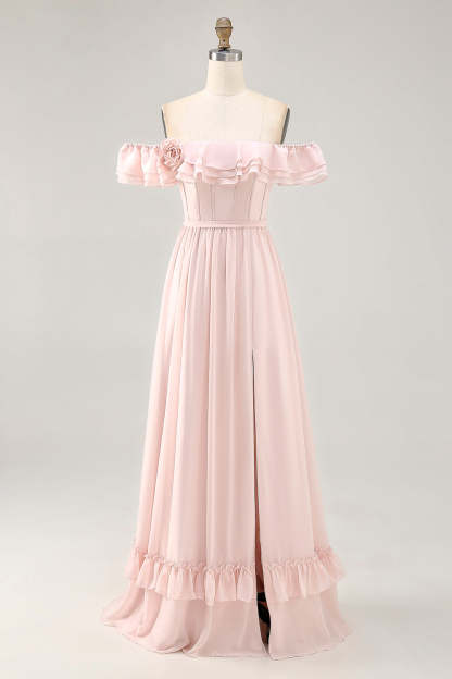 Leely Women Blush Corset Floral Ruffled Maxi Bridesmaid Dress with Bow Off the Shoulder Chiffon A Line Lace Up Back Wedding Guest Dress with Slit