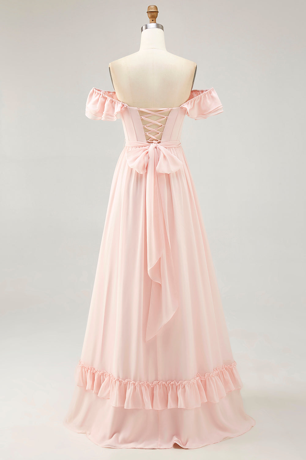 Blush Corset Floral Ruffled A Line Maxi Bridesmaid Dress with Bow