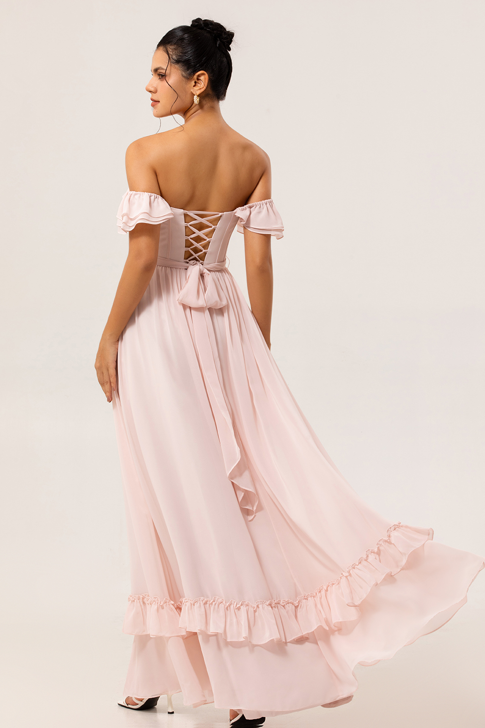 Blush Corset Floral Ruffled A Line Maxi Bridesmaid Dress with Bow