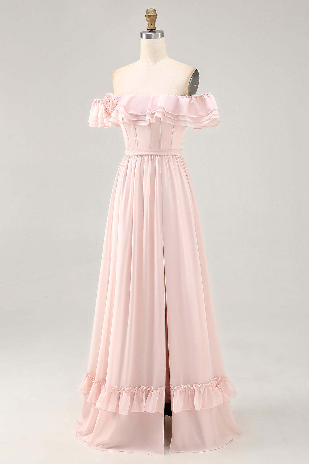 Blush Corset Floral Ruffled A Line Maxi Bridesmaid Dress with Bow