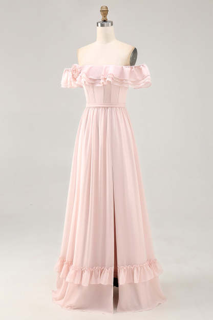 Blush Corset Floral Ruffled A Line Maxi Bridesmaid Dress with Bow