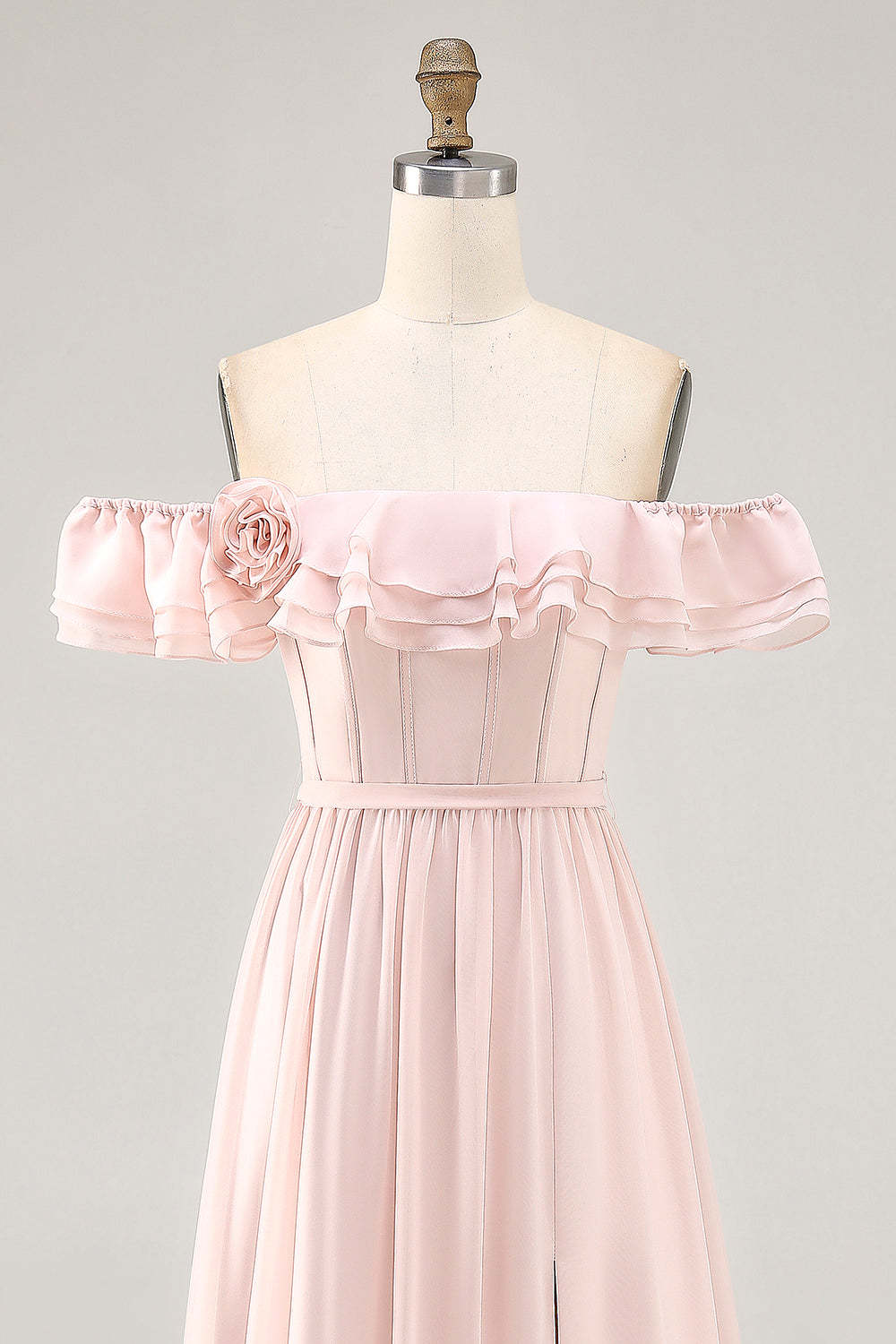 Blush Corset Floral Ruffled A Line Maxi Bridesmaid Dress with Bow