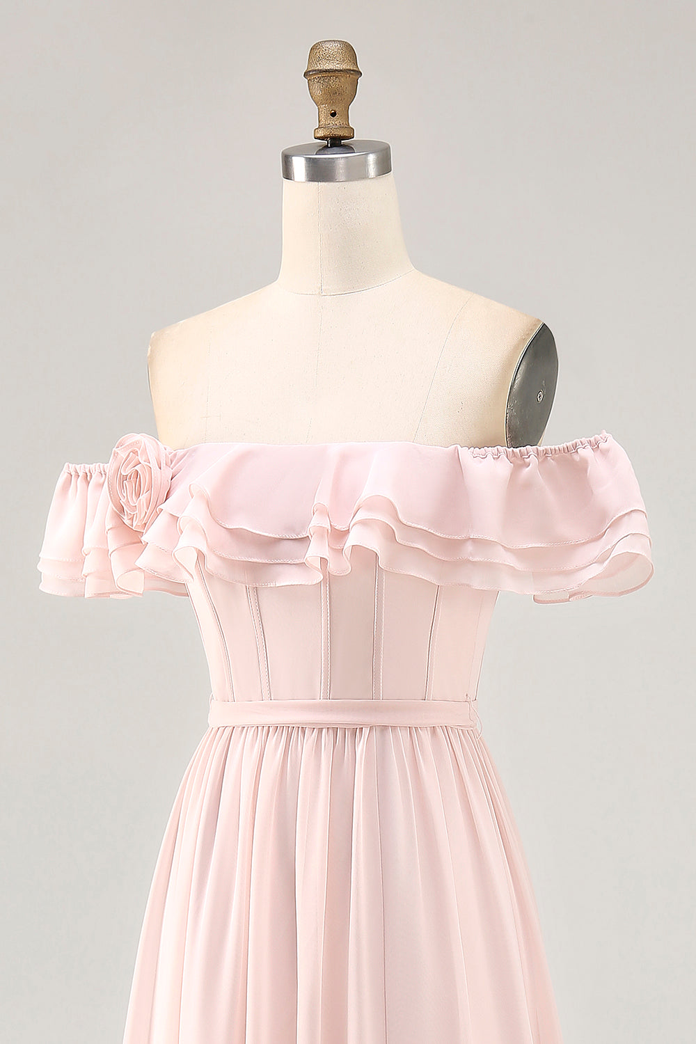 Blush Corset Floral Ruffled A Line Maxi Bridesmaid Dress with Bow