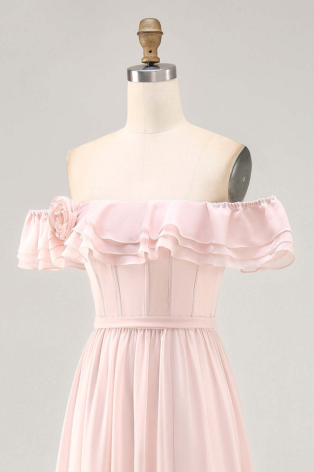 Blush Corset Floral Ruffled A Line Maxi Bridesmaid Dress with Bow