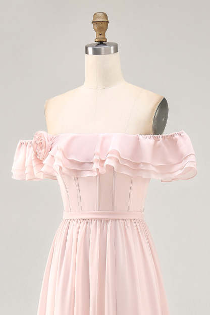 Blush Corset Floral Ruffled A Line Maxi Bridesmaid Dress with Bow
