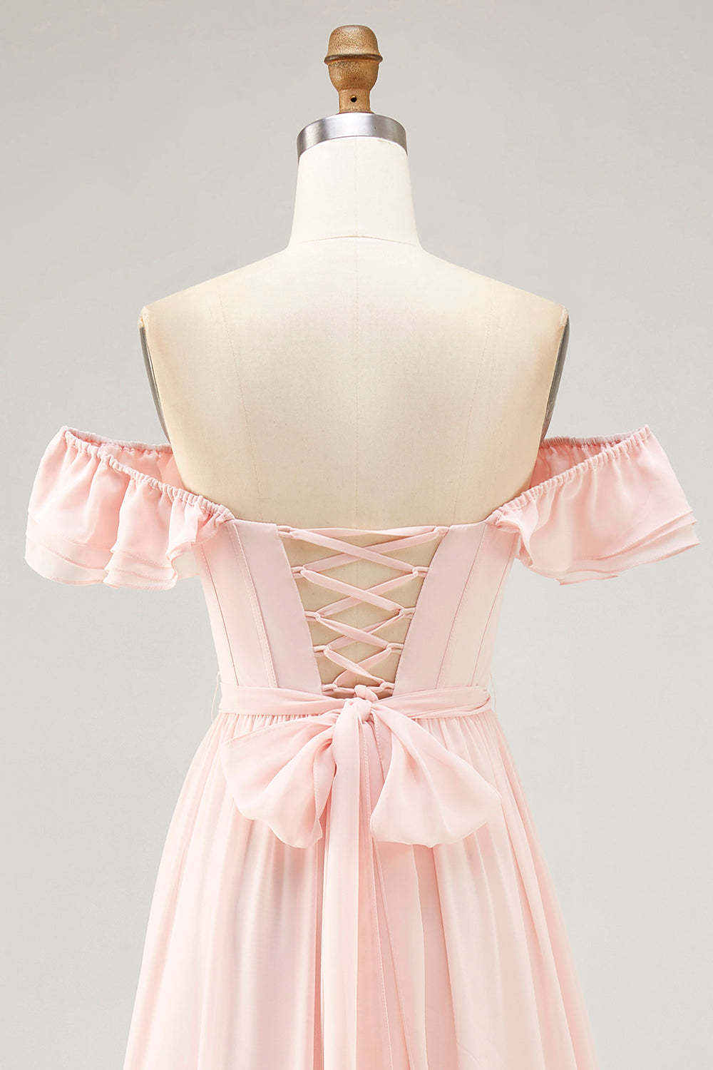 Blush Corset Floral Ruffled A Line Maxi Bridesmaid Dress with Bow