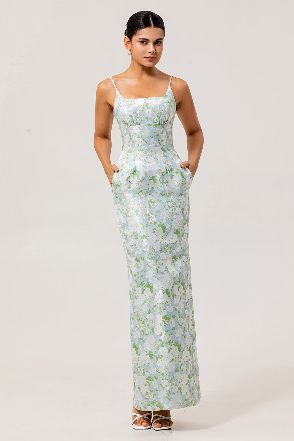 White Sage Sheath Floral Maxi Bridesmaid Dress with Pockets