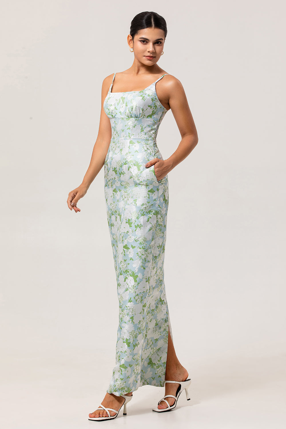 White Sage Sheath Floral Maxi Bridesmaid Dress with Pockets