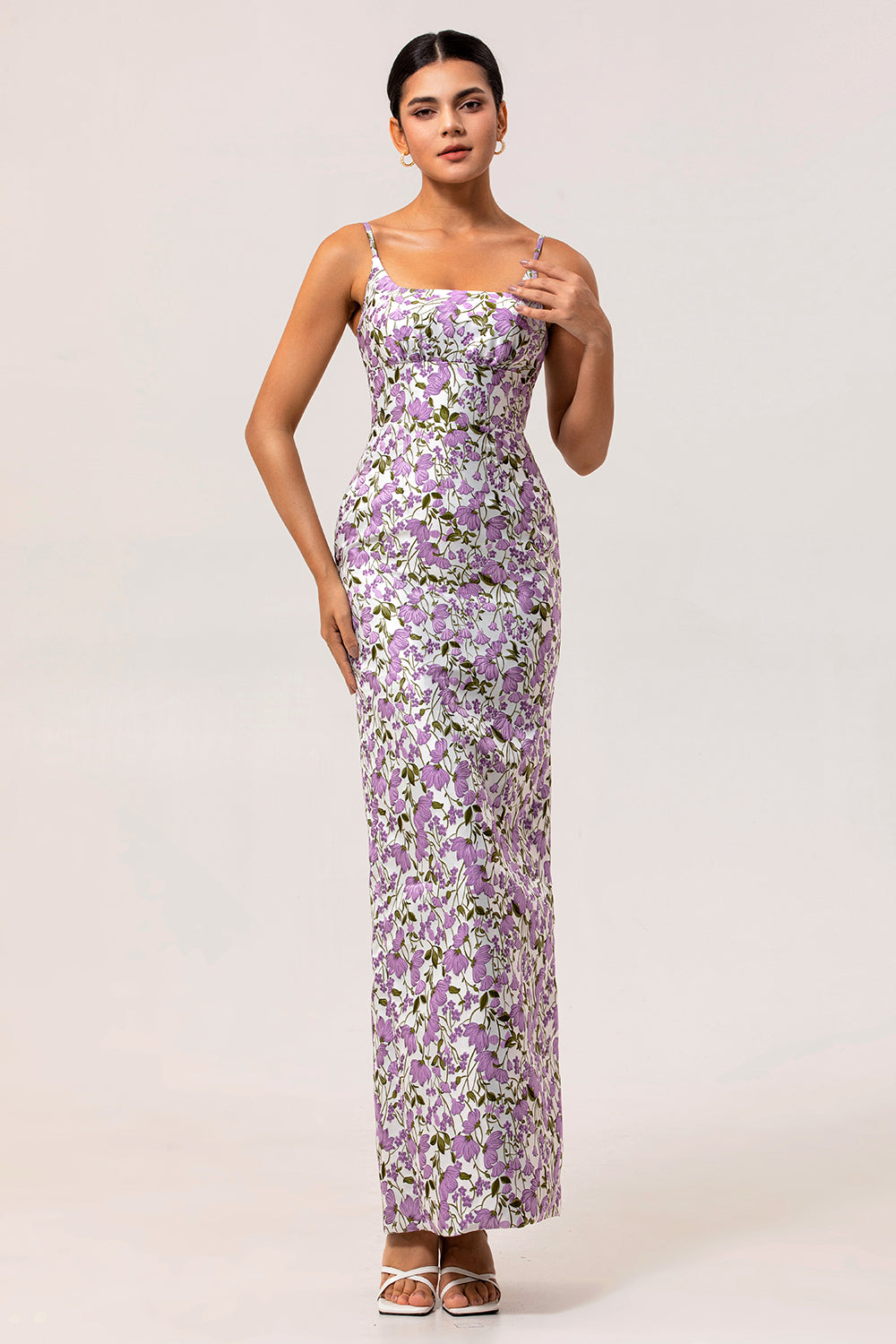 Purple Sheath Floral Spaghetti Straps Long Bridesmaid Dress with Slit
