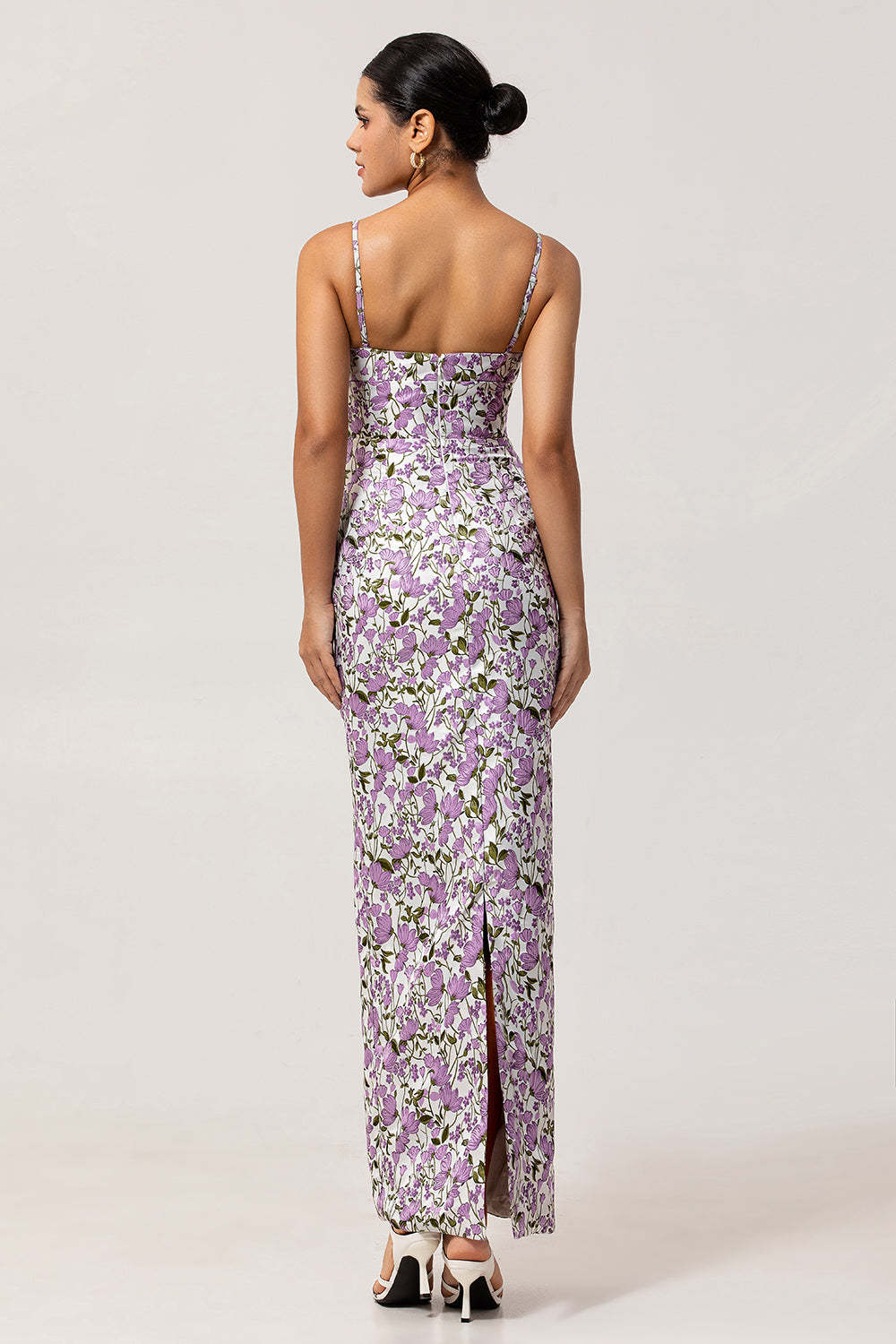 Purple Sheath Floral Spaghetti Straps Long Bridesmaid Dress with Slit
