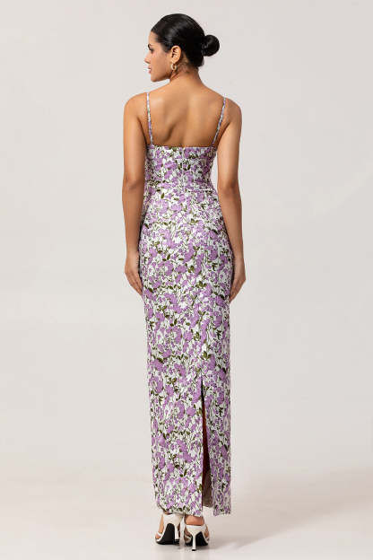Purple Sheath Floral Spaghetti Straps Long Bridesmaid Dress with Slit