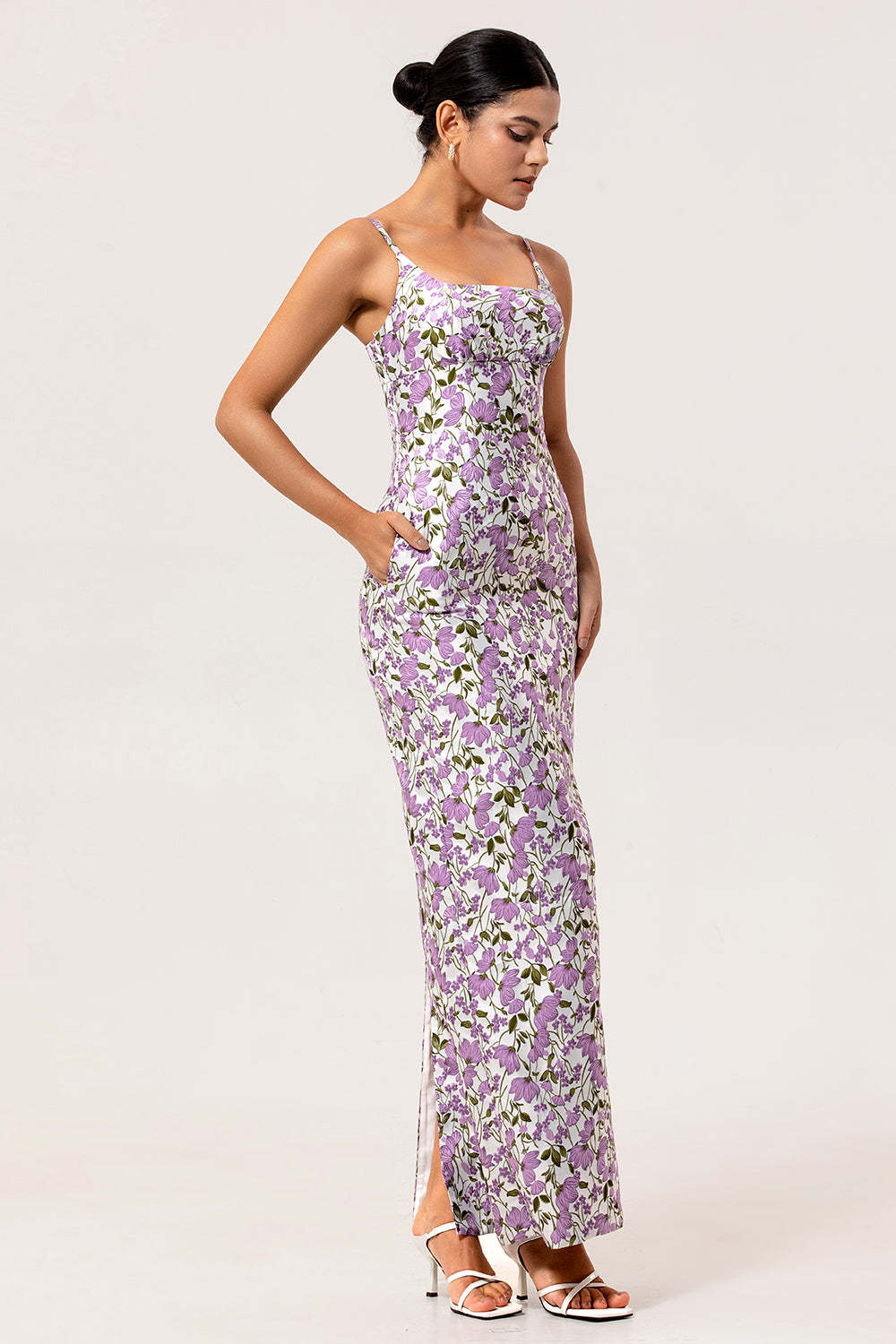 Purple Sheath Floral Spaghetti Straps Long Bridesmaid Dress with Slit