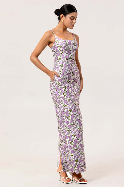 Purple Sheath Floral Spaghetti Straps Long Bridesmaid Dress with Slit